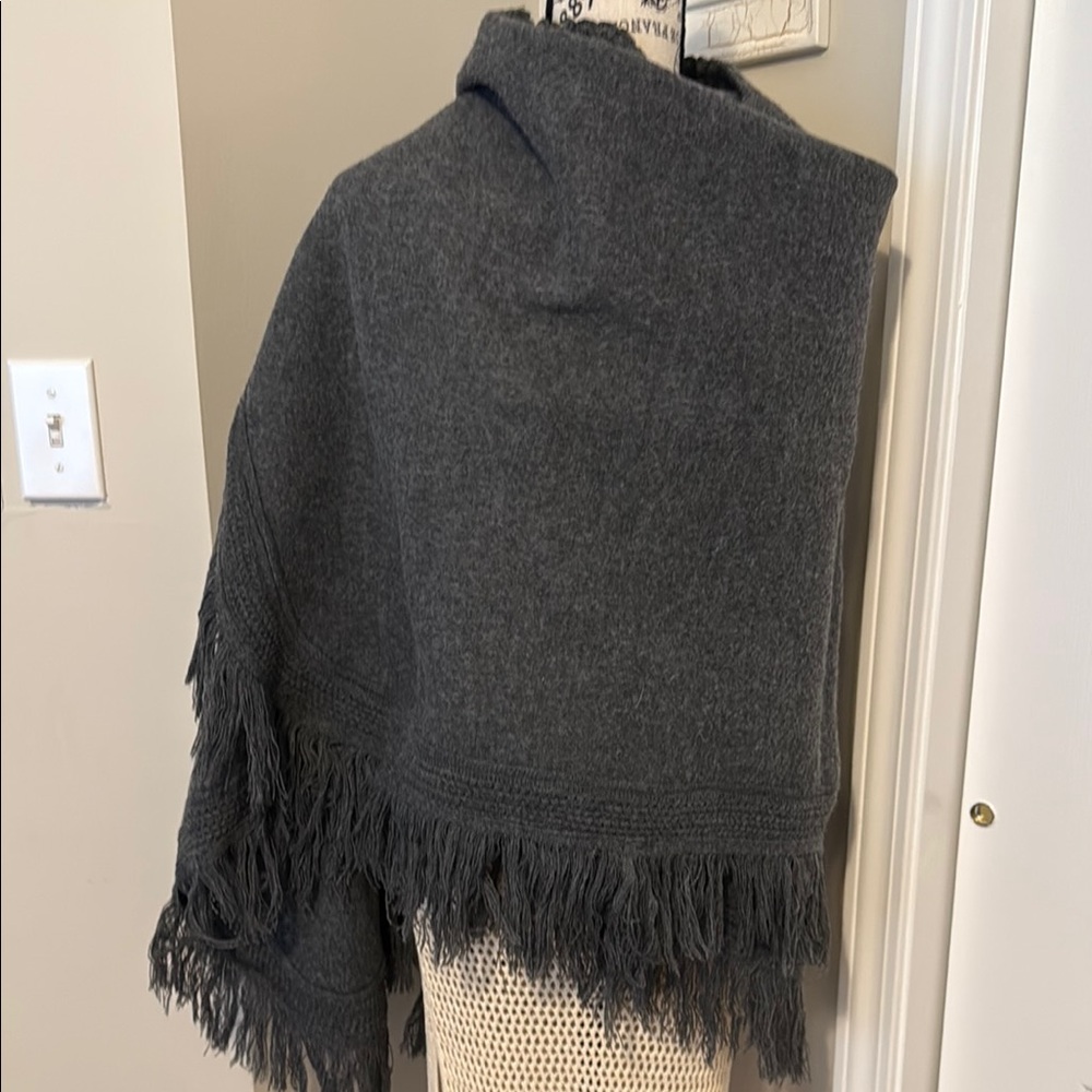 Artisan Made Wool Gray Fringe Large Shawl / Cape